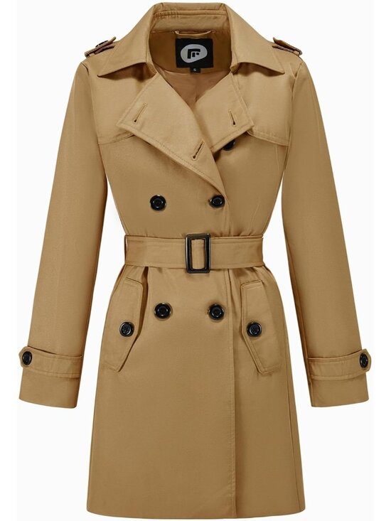 Women's Camel Double Breasted Water Resistant Classic Belted Lapel Trench Coat